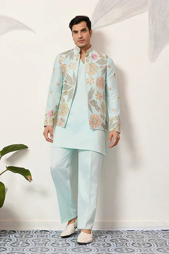 Luxury Wedding & Carnival Wear Pista Green Koti Kurta for Men Clothsvilla