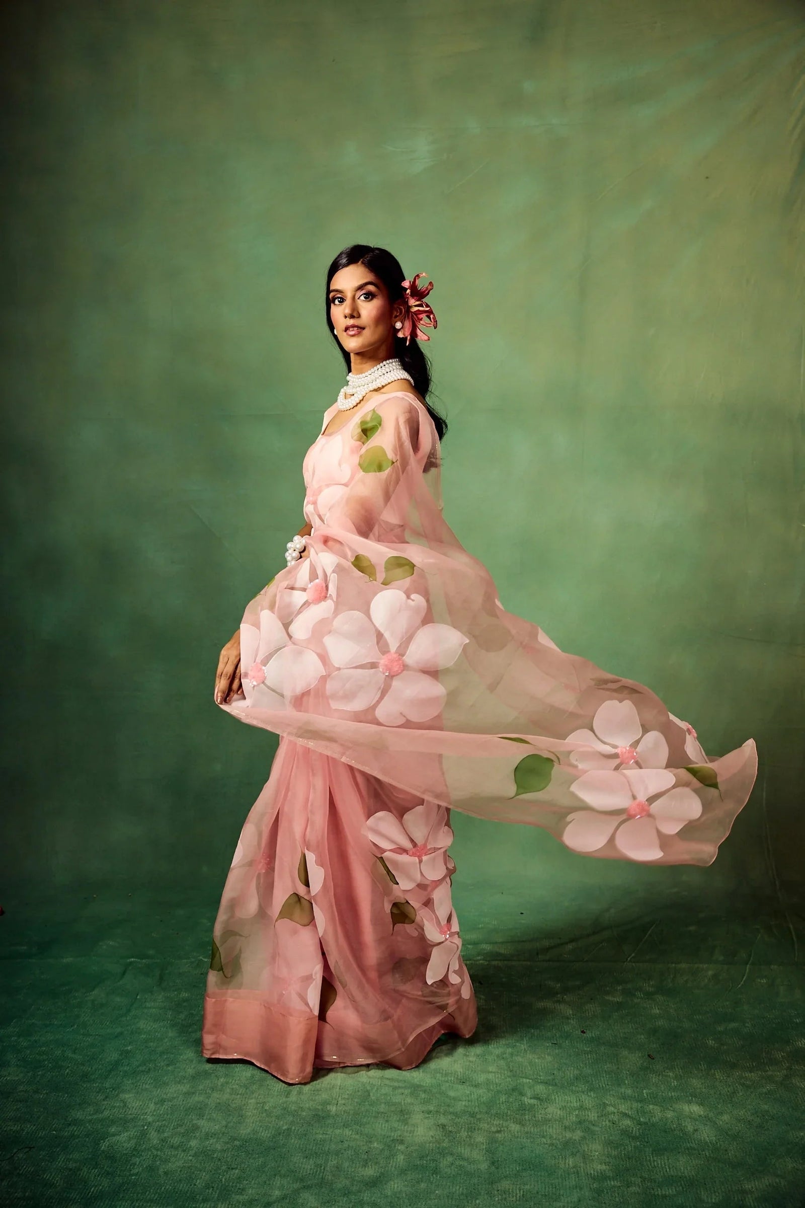 Blush Pink Pure Organza Hand-Painted Saree with White Floral Motifs & Sequins | With Modal Satin Blouse FANCY SAREES