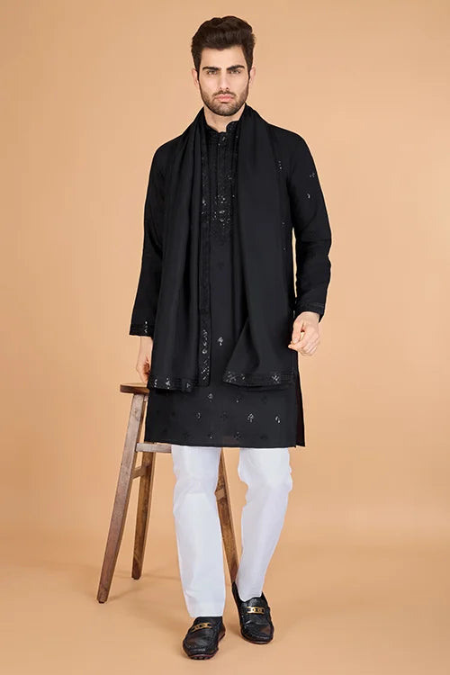 Stylish Black Kurta for Men with Thread Work Design Clothsvilla