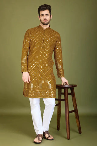 Yellow Viscose Rayon Men's Kurta with Thread & Sequence Work Clothsvilla