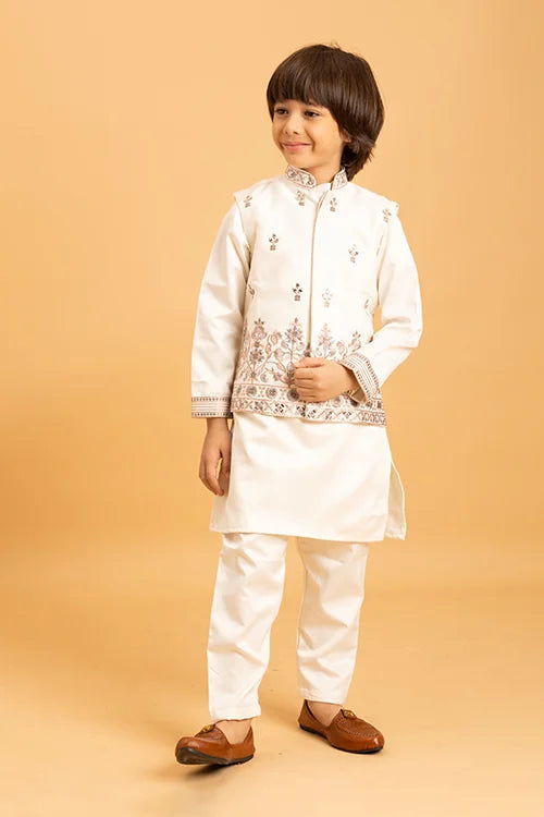 Premium White Mirror Work Koti Kurta Set for Boys Clothsvilla