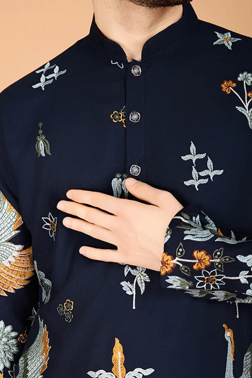 Navy Viscose Rayon Designer Men's Kurta Online Clothsvilla