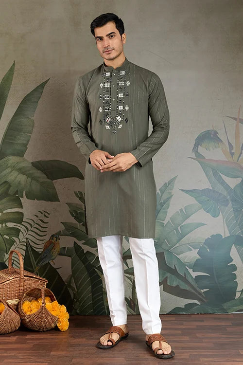 Premium Olive Green Mirror Work Kurta with Dupatta for Occasions Clothsvilla
