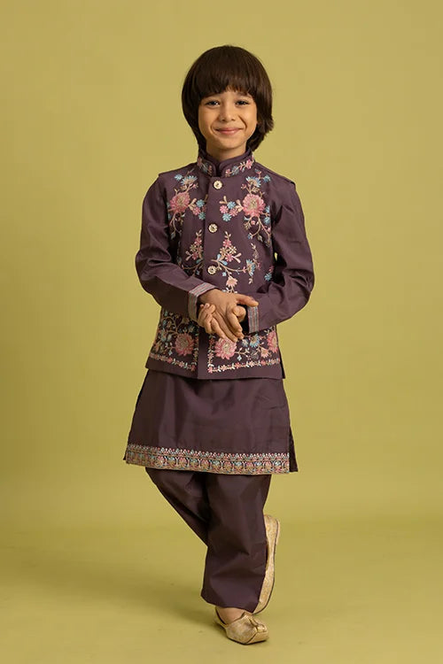 Premium Purple Kids Koti Kurta Pajama Set for Wedding Style Clothsvilla