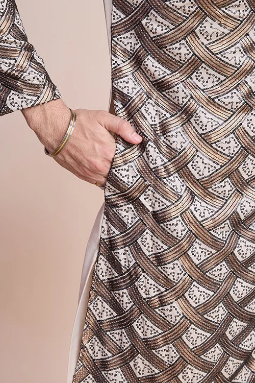 Stylish Beige Men's Kurta with Intricate Thread Detailing Clothsvilla