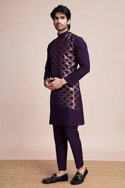 Traditional Purple Silk Kurta with Thread Work Clothsvilla