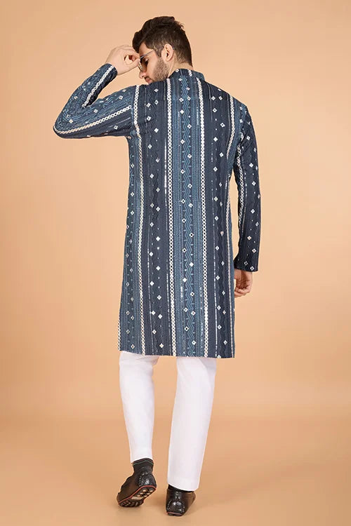 Grey Sequence with Mirror Foil Embroidered Mens Wear Kurta Clothsvilla