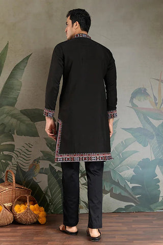 Designer Premium Embroidered Black Silk Kurta for Men Clothsvilla