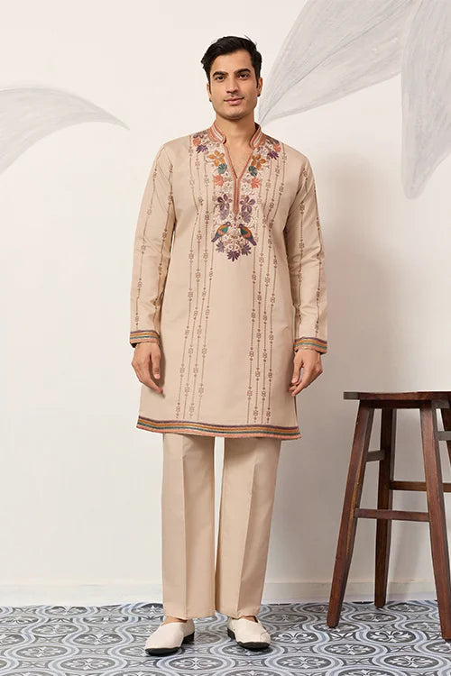 Premium Beige Embroidered V Neck Kurta Pant Set Clothsvilla Main image