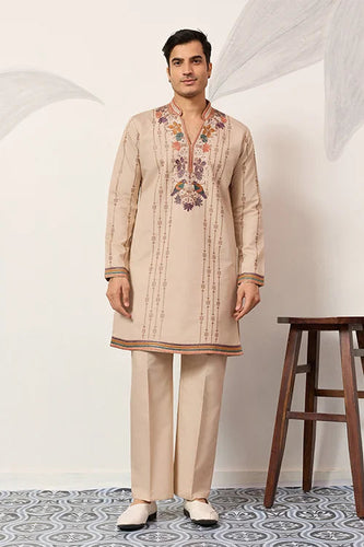Premium Beige Embroidered V Neck Kurta Pant Set Clothsvilla