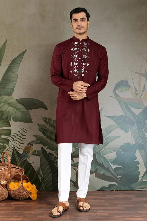 Traditional Maroon Mirror Embroidered Kurta with Dupatta Clothsvilla