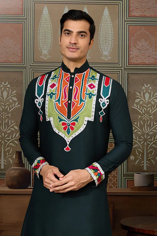 Green Embroidered Festival Wear Kurta for Men Clothsvilla