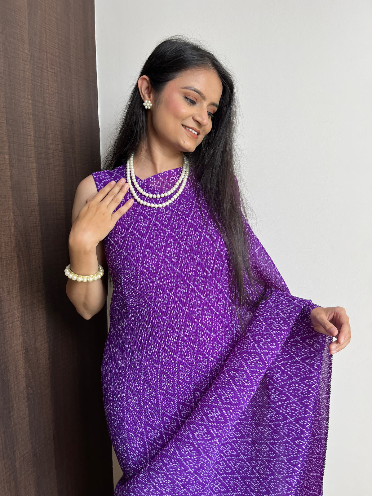 Purple Faux Georgette Saree Gown with Bandhani Print ClothsVilla