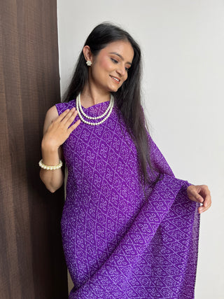 Purple Faux Georgette Saree Gown with Bandhani Print ClothsVilla