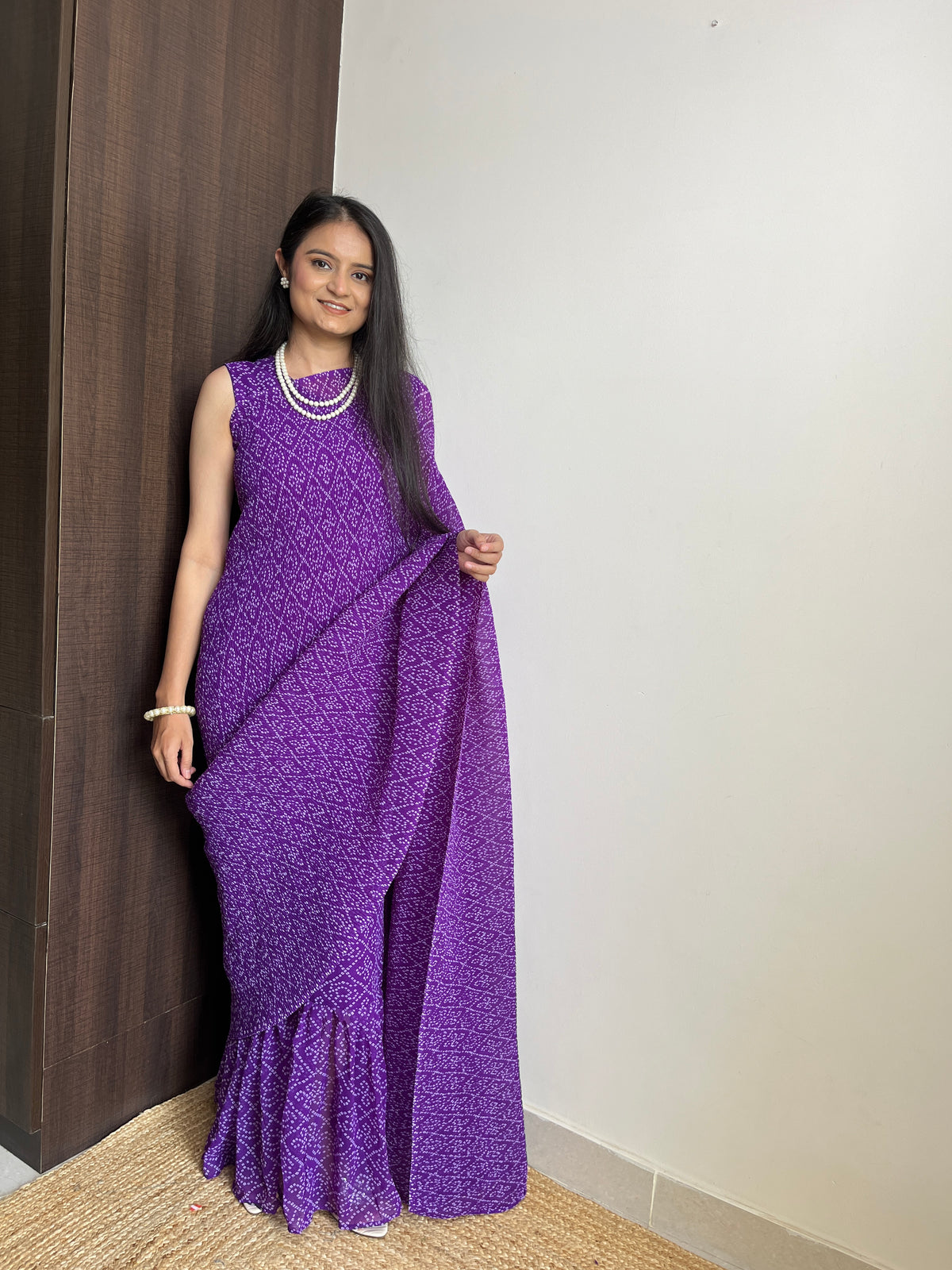 Purple Faux Georgette Saree Gown with Bandhani Print ClothsVilla