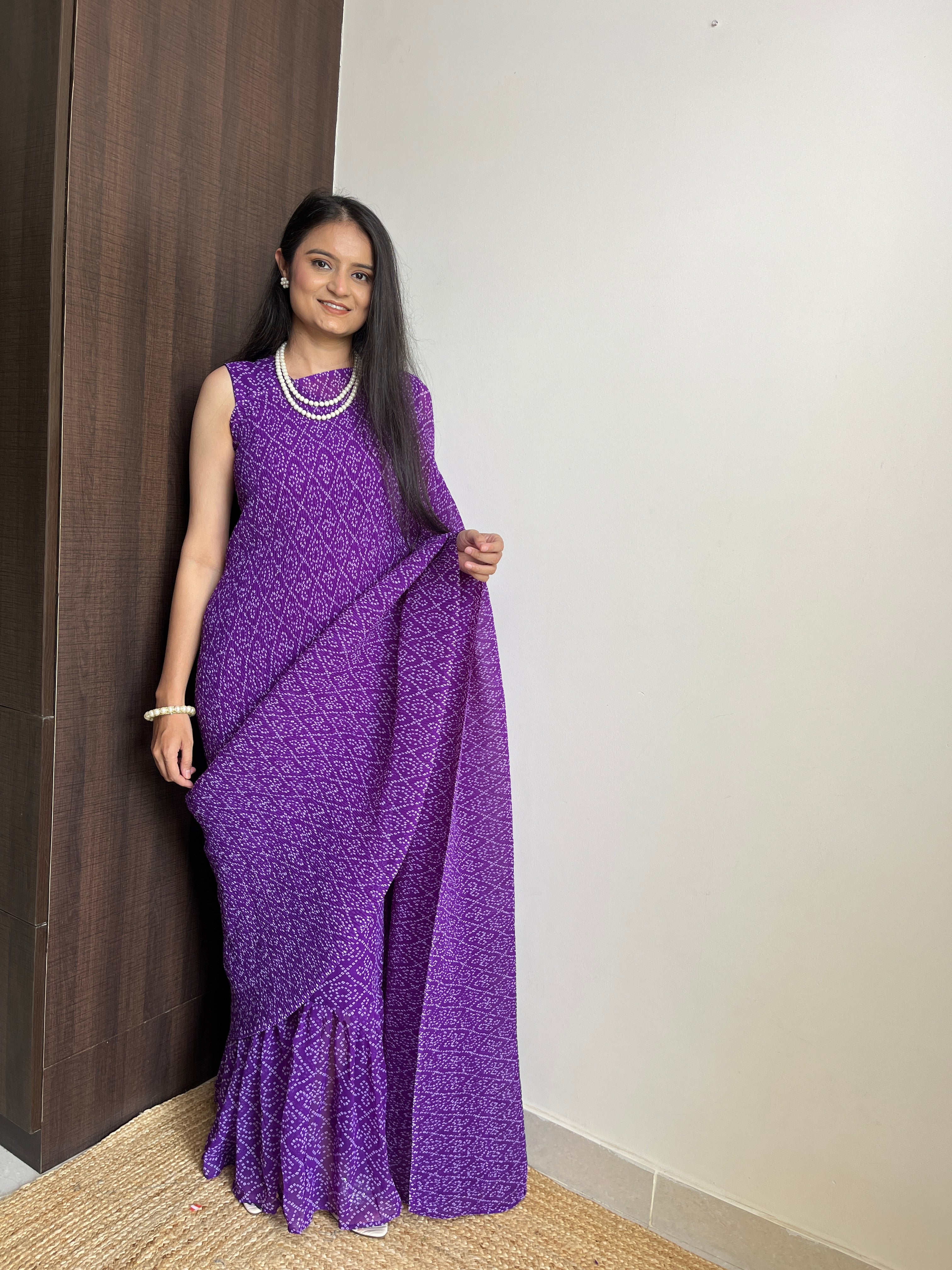 Purple Faux Georgette Saree Gown with Bandhani Print ClothsVilla Main image