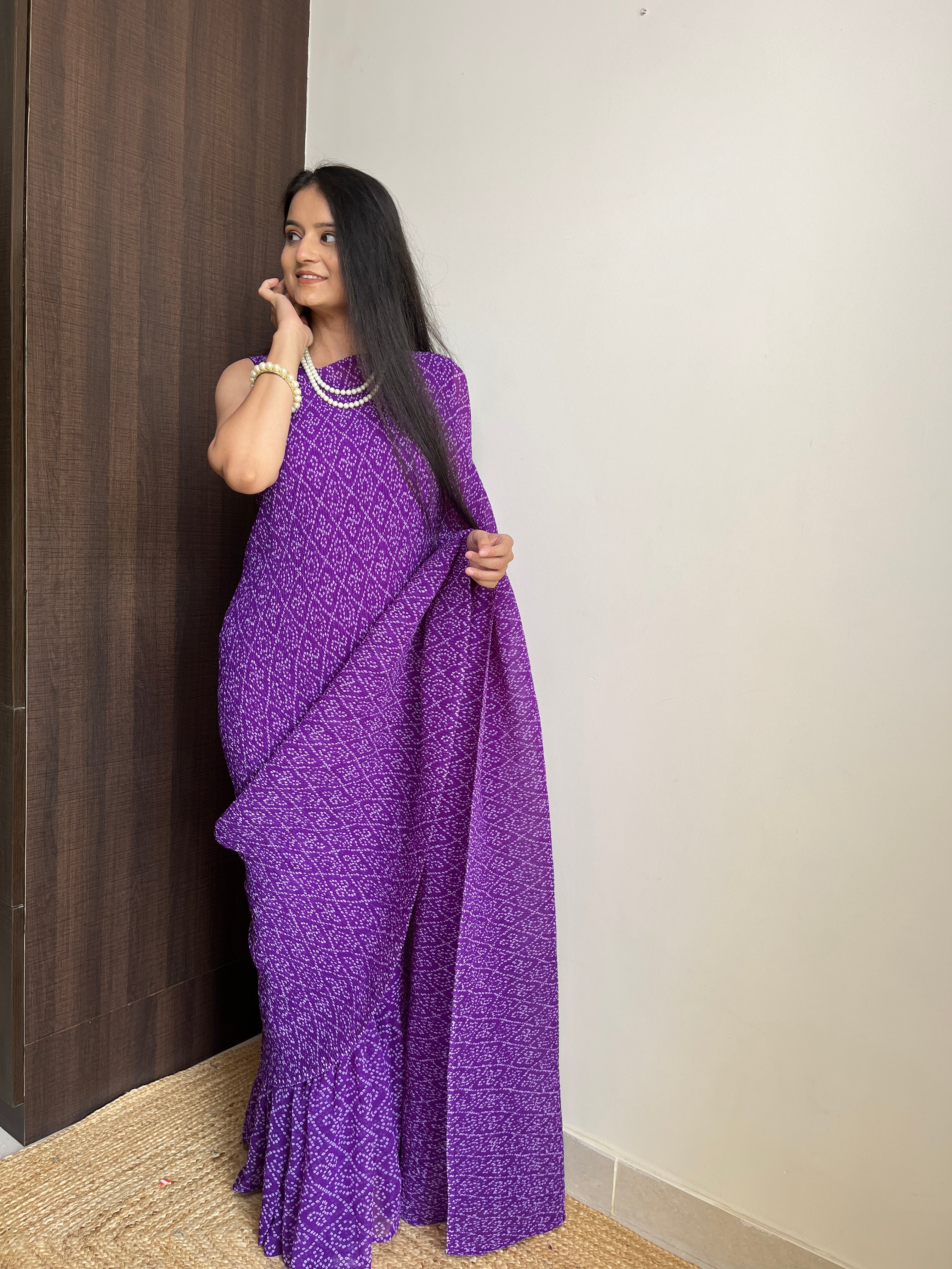 Purple Faux Georgette Saree Gown with Bandhani Print Secondary image