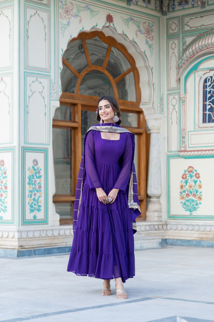 Alluring Purple Faux Georgette Gown with Sequined Dupatta ClothsVilla