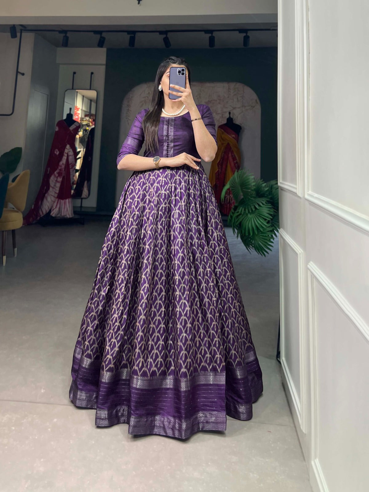 Purple Color Dola Silk Printed Gown with Exquisite Zari Border ClothsVilla Main image