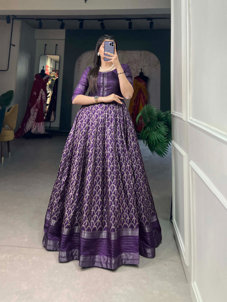 Purple Color Dola Silk Printed Gown with Exquisite Zari Border ClothsVilla