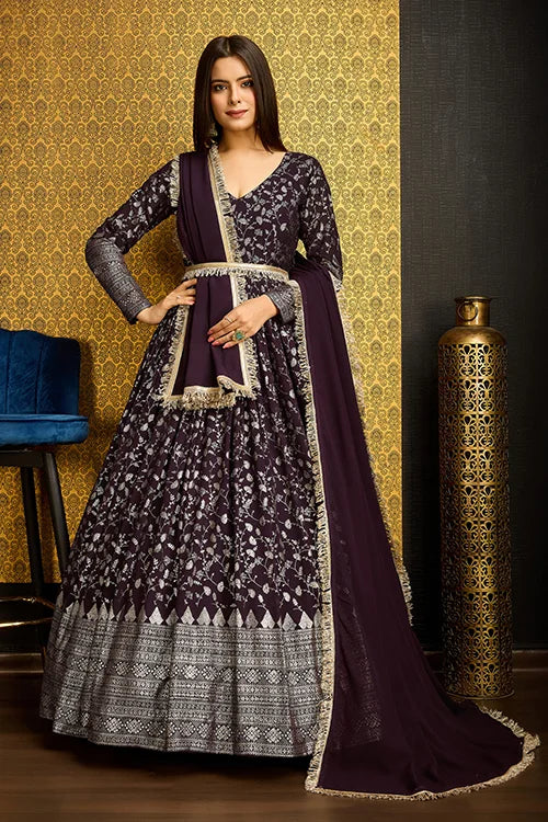 Stunning Purple Anarkali Long Gown with Lace Belt ClothsVilla.com