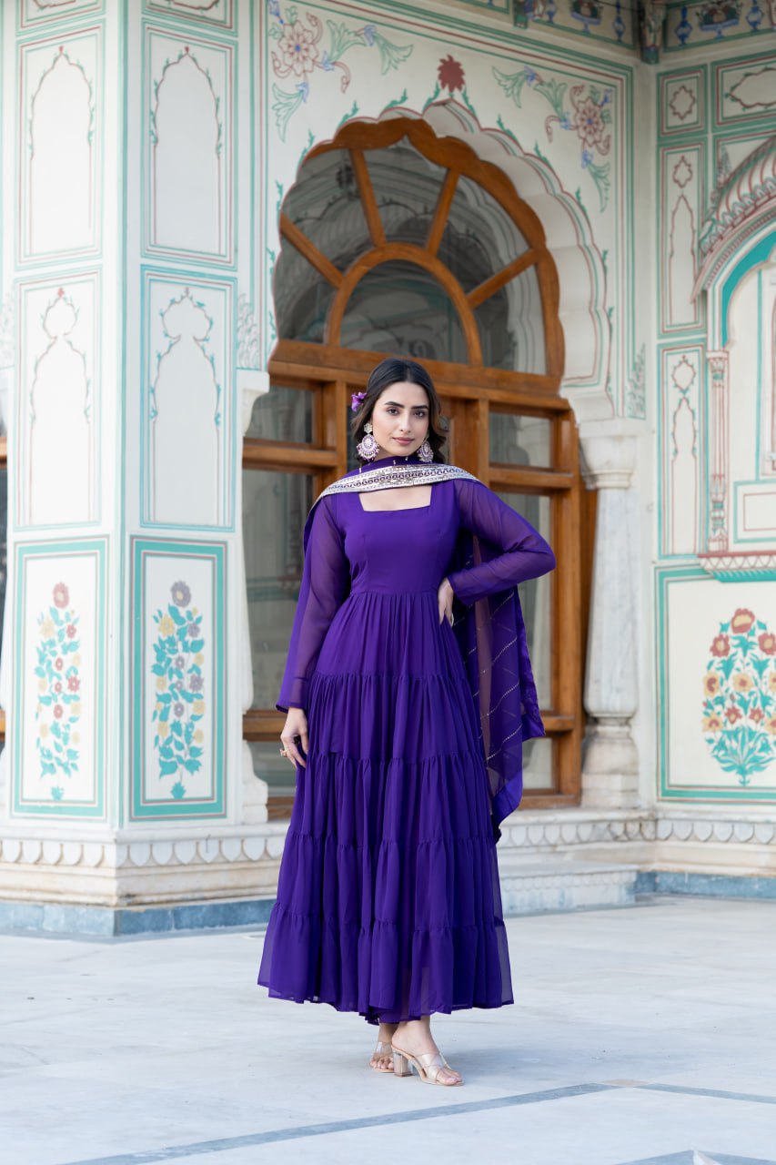Alluring Purple Faux Georgette Gown with Sequined Dupatta ClothsVilla