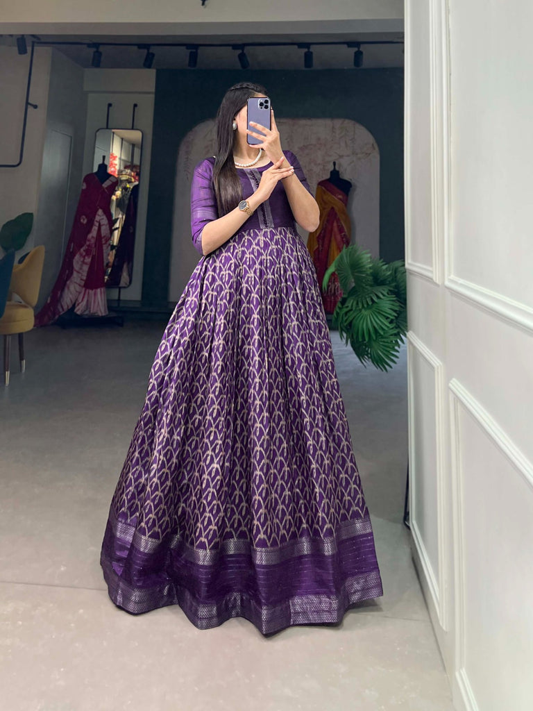 Purple Color Dola Silk Printed Gown with Exquisite Zari Border ClothsVilla