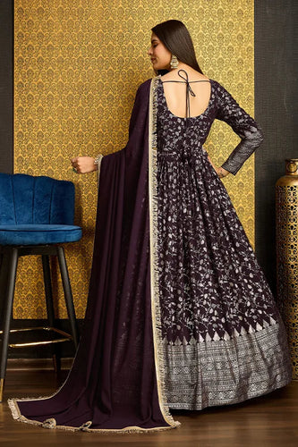 Stunning Purple Anarkali Long Gown with Lace Belt ClothsVilla.com