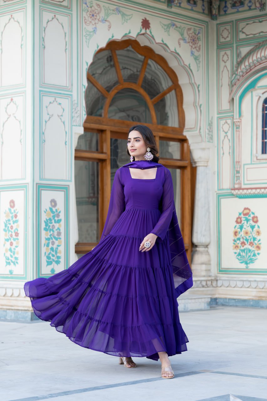 Alluring Purple Faux Georgette Gown with Sequined Dupatta ClothsVilla