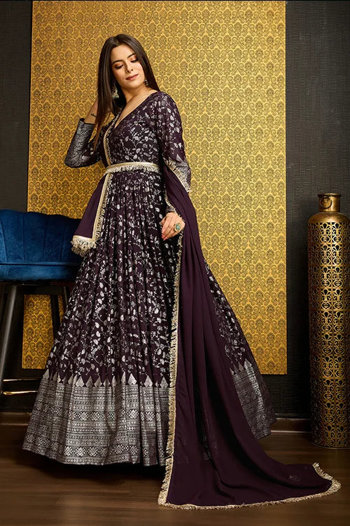 Stunning Purple Anarkali Long Gown with Lace Belt ClothsVilla.com