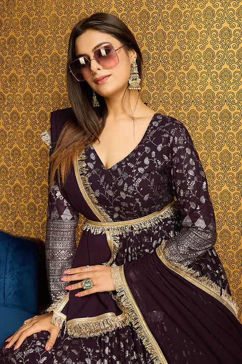 Stunning Purple Anarkali Long Gown with Lace Belt ClothsVilla.com
