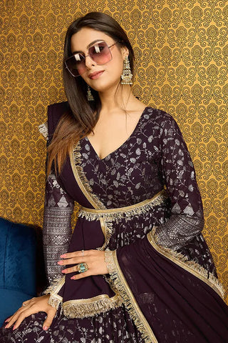 Stunning Purple Anarkali Long Gown with Lace Belt ClothsVilla.com