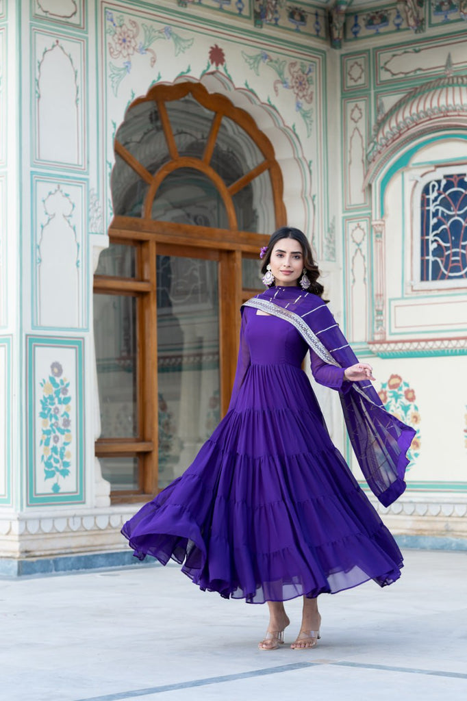 Alluring Purple Faux Georgette Gown with Sequined Dupatta ClothsVilla
