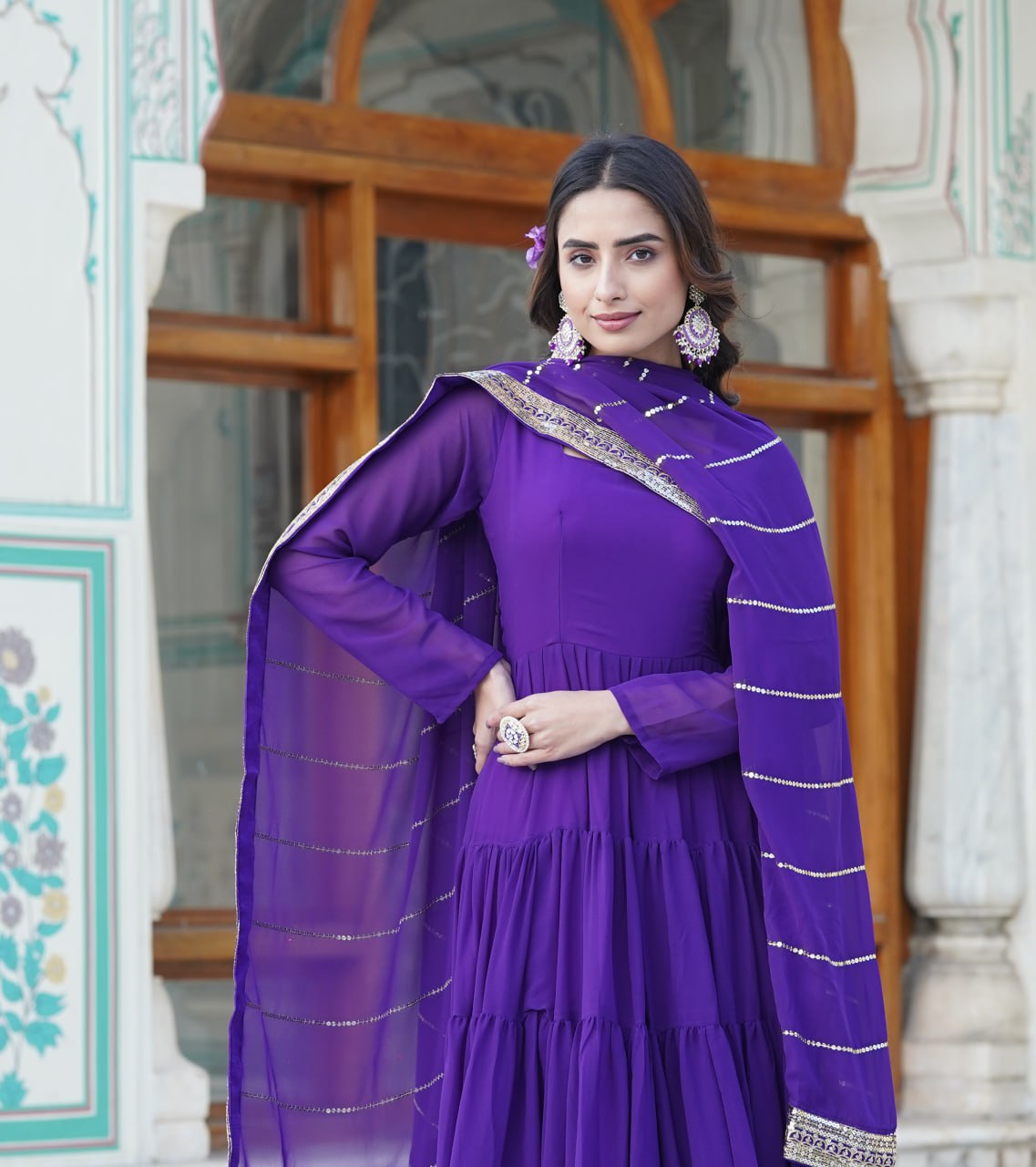 Alluring Purple Faux Georgette Gown with Sequined Dupatta ClothsVilla