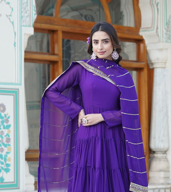 Alluring Purple Faux Georgette Gown with Sequined Dupatta ClothsVilla