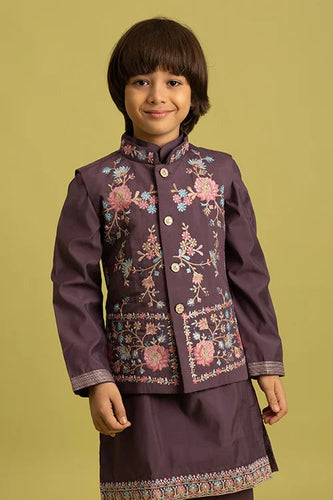 Premium Purple Kids Koti Kurta Pajama Set for Wedding Style Clothsvilla