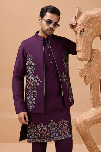 Vibrant Purple Color Koti Kurta Set Pair for Men Collection Clothsvilla