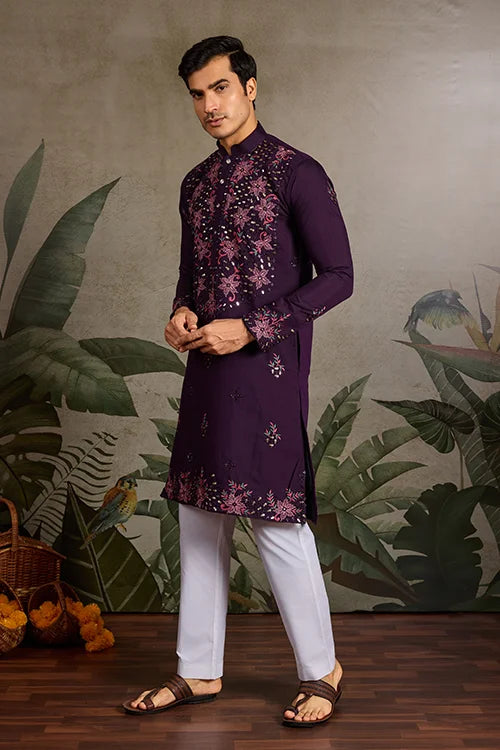 Designer Purple Mirror Work Kurta Set for Mens Wear Clothsvilla