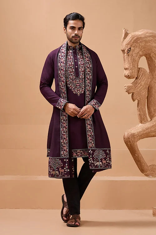 Ethnic Look Purple Kurta with Dupatta Mens Wear Special Clothsvilla