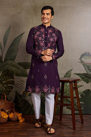 Designer Purple Mirror Work Kurta Set for Mens Wear Clothsvilla