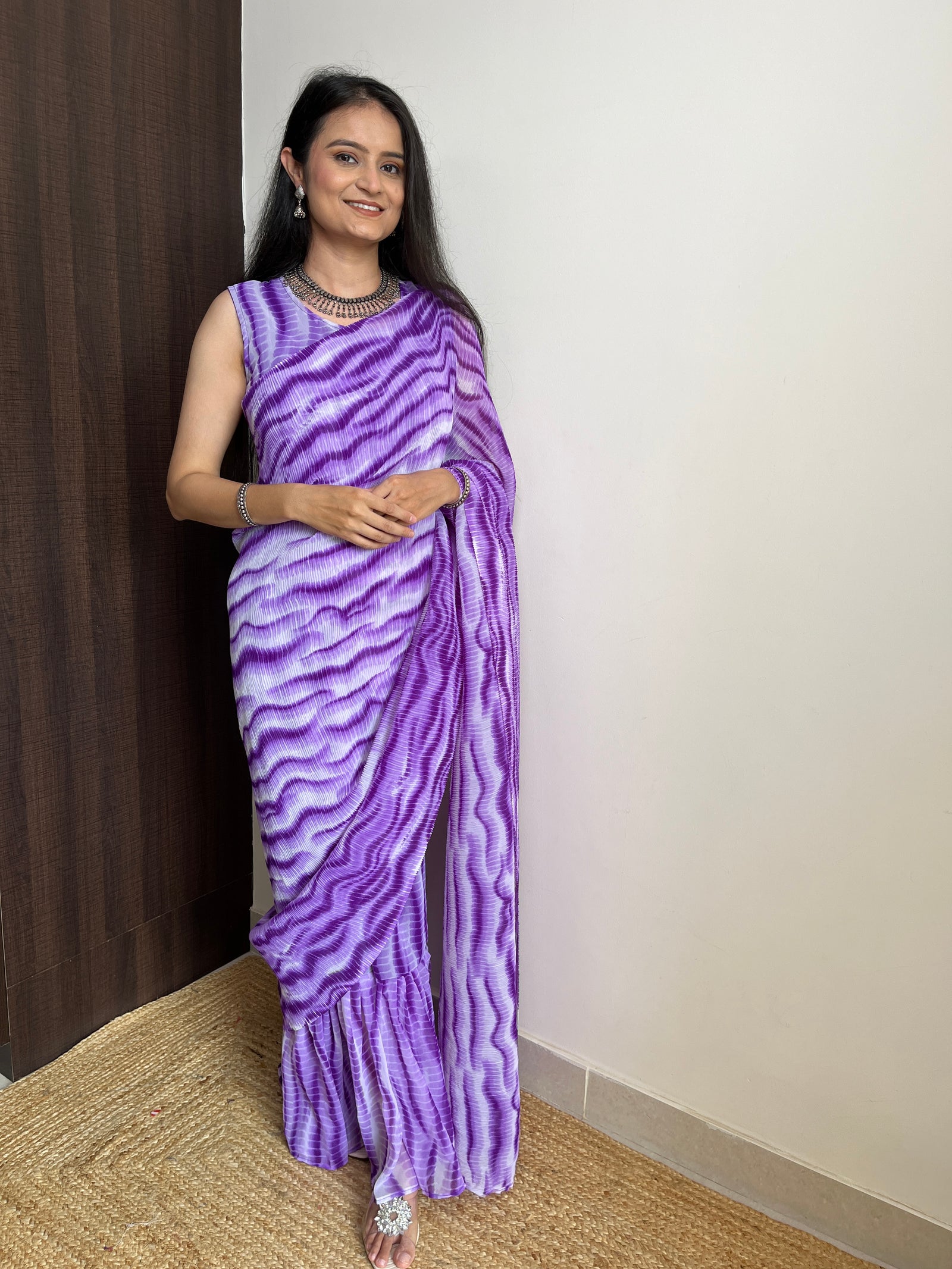 Purple Faux Georgette Gown Saree in Digital Shibori Print ClothsVilla