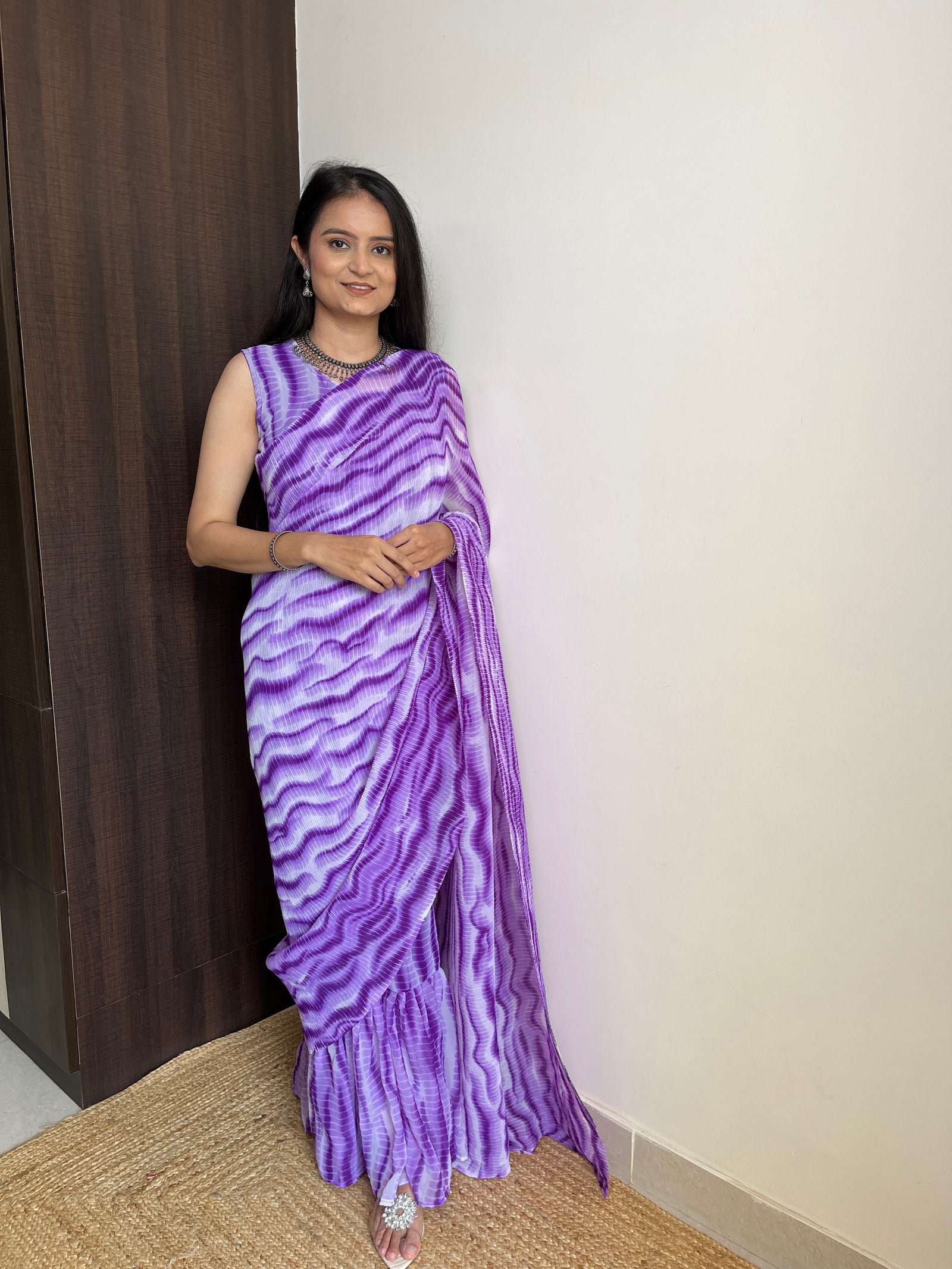 Purple Faux Georgette Gown Saree in Digital Shibori Print ClothsVilla