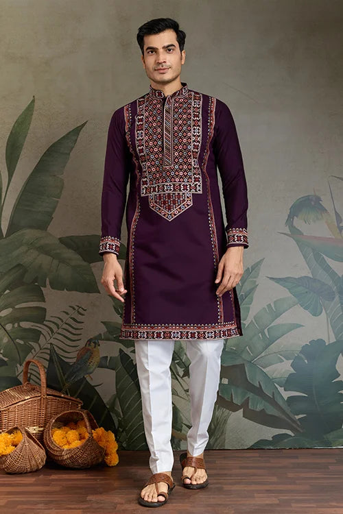 Engagement Special Purple Viscose Silk Outfit Kurta for Men Clothsvilla