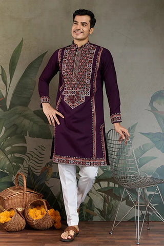 Engagement Special Purple Viscose Silk Outfit Kurta for Men Clothsvilla