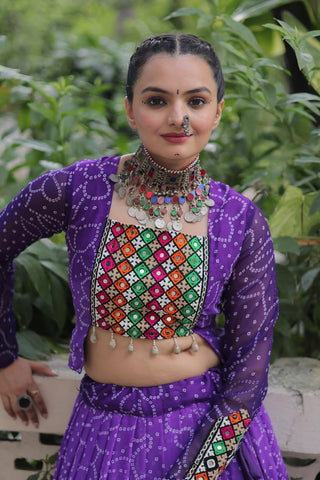 Purple Bandhani Print Lehenga with Kutchi Gamthi Patchwork & Matching Blouse ClothsVilla