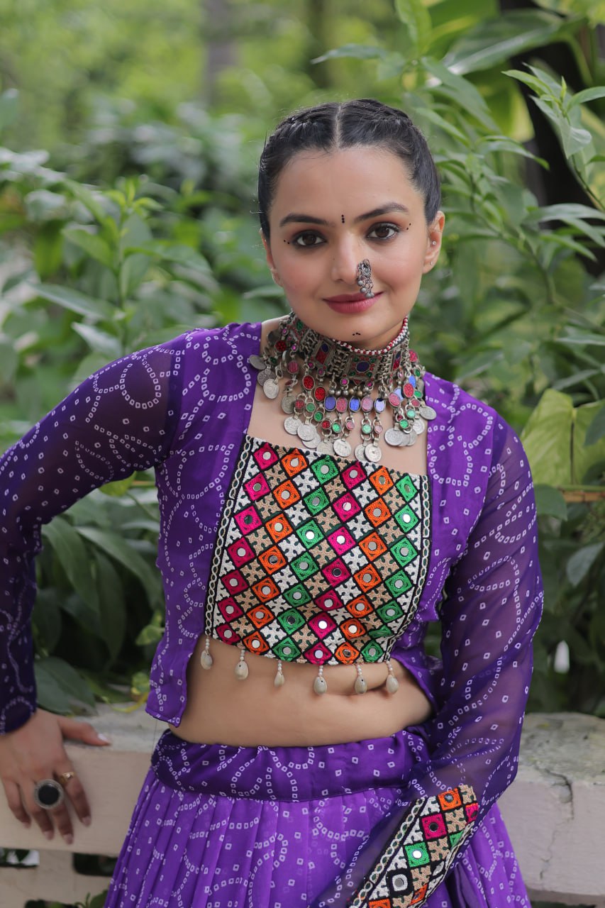 Purple Bandhani Print Lehenga with Kutchi Gamthi Patchwork & Matching Blouse ClothsVilla
