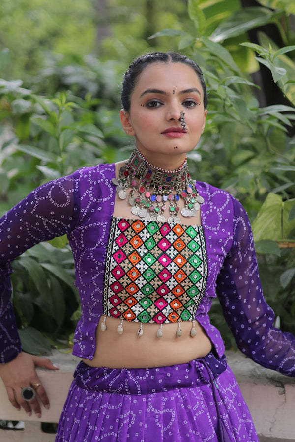 Purple Bandhani Print Lehenga with Kutchi Gamthi Patchwork & Matching Blouse ClothsVilla