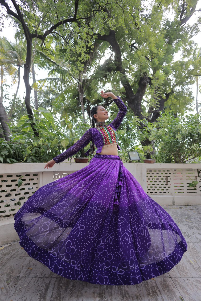 Purple Bandhani Print Lehenga with Kutchi Gamthi Patchwork & Matching Blouse ClothsVilla