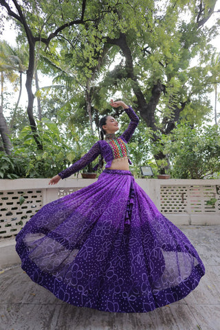Purple Bandhani Print Lehenga with Kutchi Gamthi Patchwork & Matching Blouse ClothsVilla