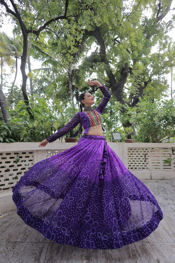 Purple Bandhani Print Lehenga with Kutchi Gamthi Patchwork & Matching Blouse ClothsVilla